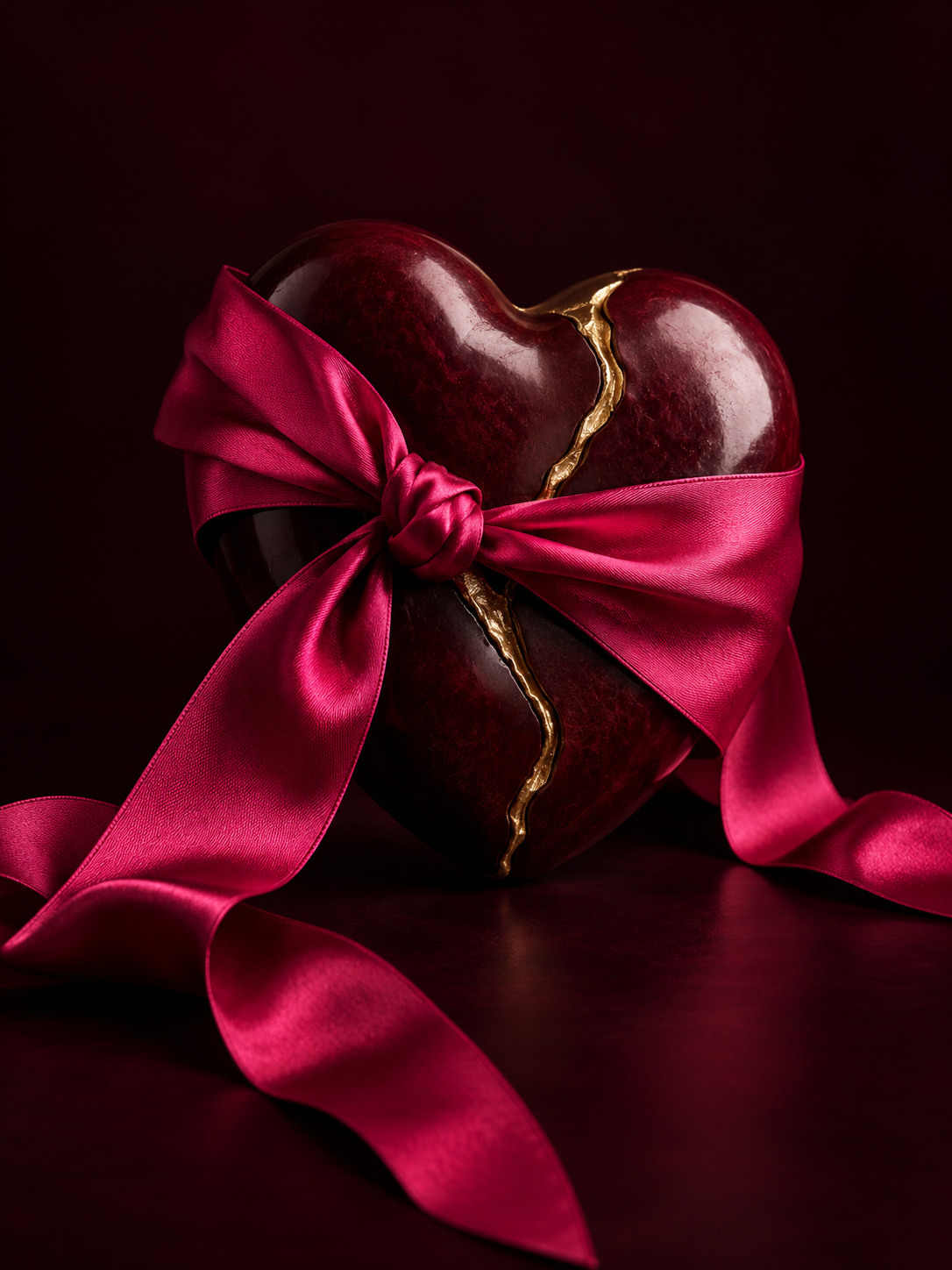 A sculptural heart with a gold-repaired seam, wrapped in a vivid pink satin ribbon
